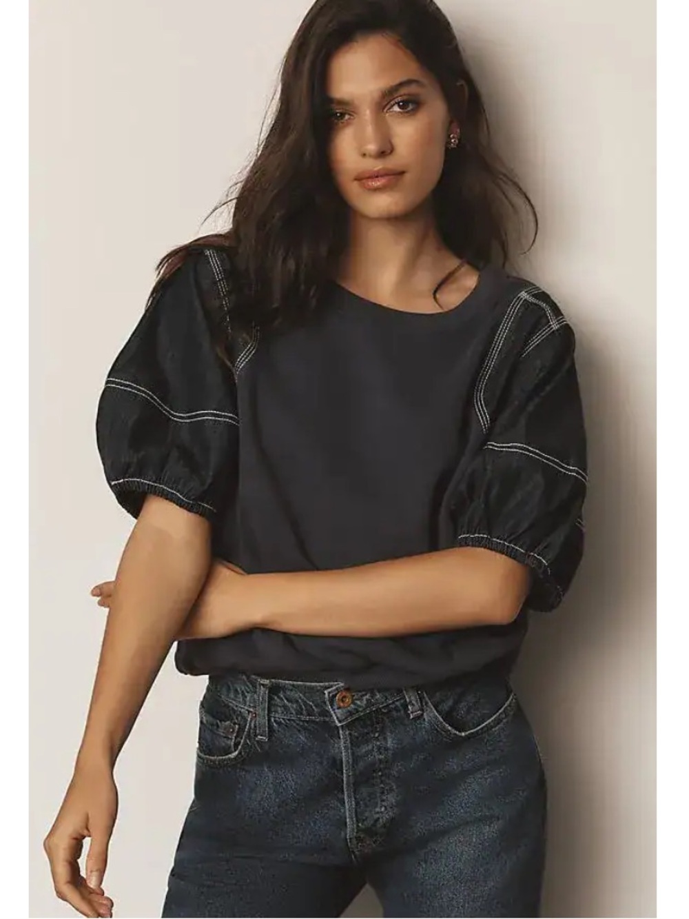 Anthropologie Pilcro Denim Short Sleeve
Twofer Pullover  Sweatshirt Top Size S